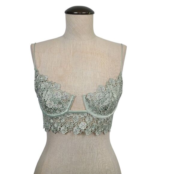 For Love & Lemons Twinkle Rose Bustier  S Sage Green Lace Sparkly‎ Sexy Bralette - Picture 1 of 8